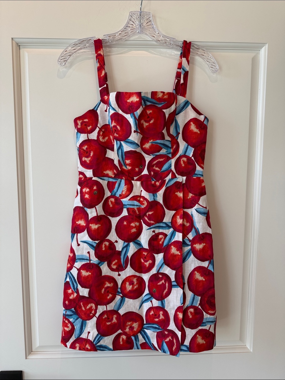 FARM Rio Linen Red Cherry Print Mini Dress with Blue Leaves - worn once. Size S